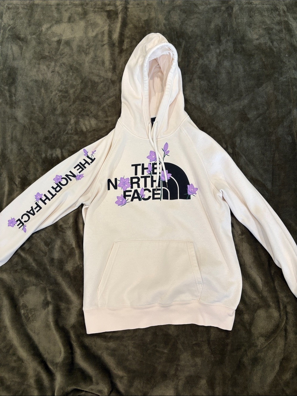 The North Face Light Pink Hoodie with Black Logo & Purple Floral Accents